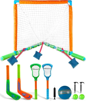 Floating Pool Sports Equipment – Floating Goal with Multi-Sport Sticks, Balls & Pump – Portable Gear for Outdoor Water Activities