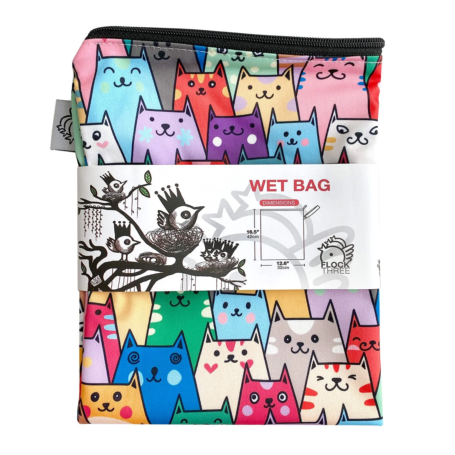 FLOCK THREE Washable and Reusable Wet Dry Bag Diaper Bag Water Resistant Swimming Bag Travel Toiletries Pouch Yoga Gym Bag Cute Cat 12.6'' x 16.5''