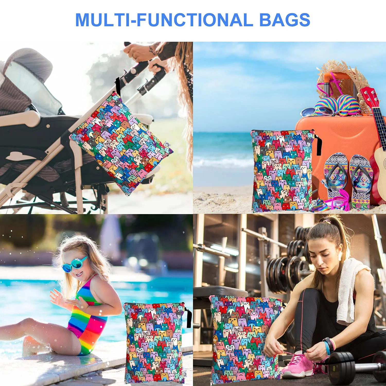 FLOCK THREE Washable and Reusable Wet Dry Bag Diaper Bag Water Resistant Swimming Bag Travel Toiletries Pouch Yoga Gym Bag Cute Cat 12.6'' x 16.5''