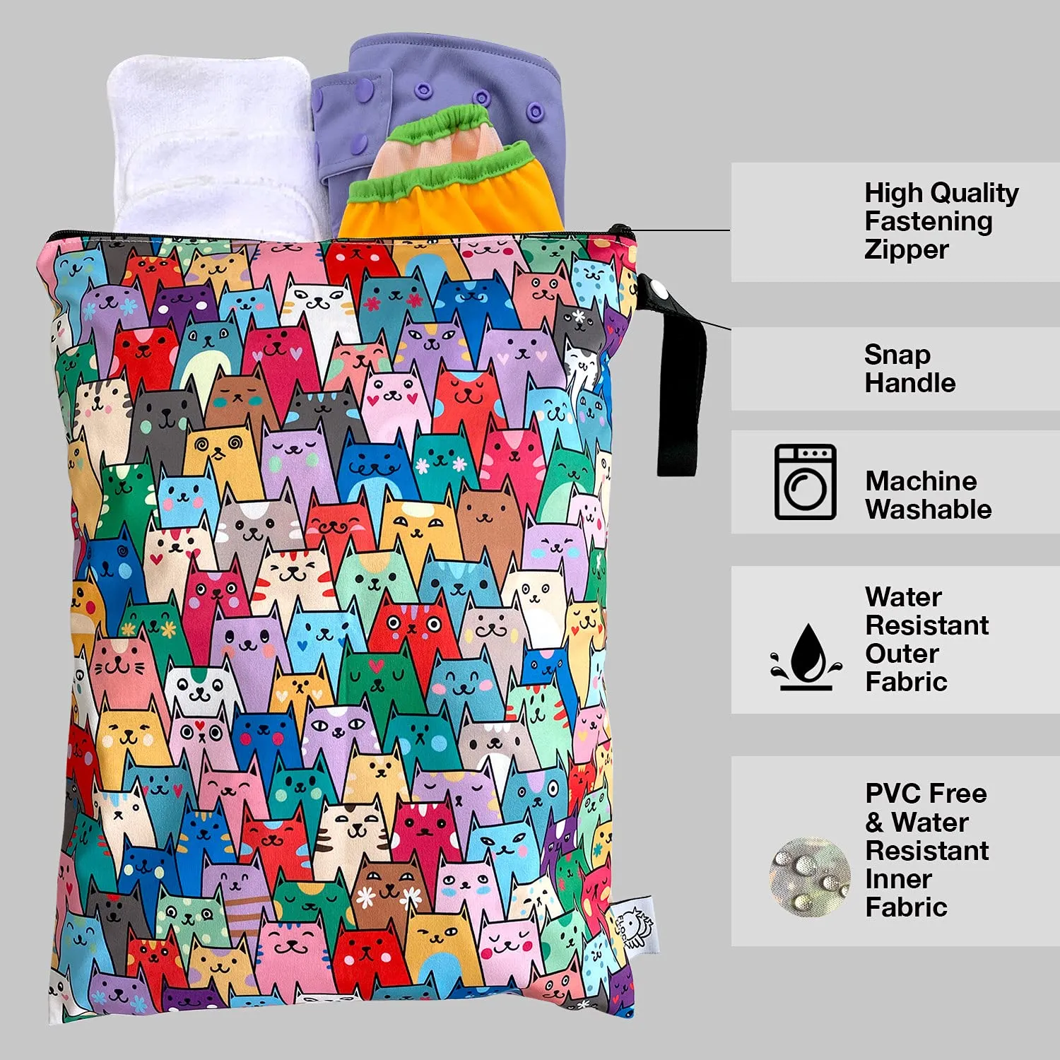 FLOCK THREE Washable and Reusable Wet Dry Bag Diaper Bag Water Resistant Swimming Bag Travel Toiletries Pouch Yoga Gym Bag Cute Cat 12.6'' x 16.5''