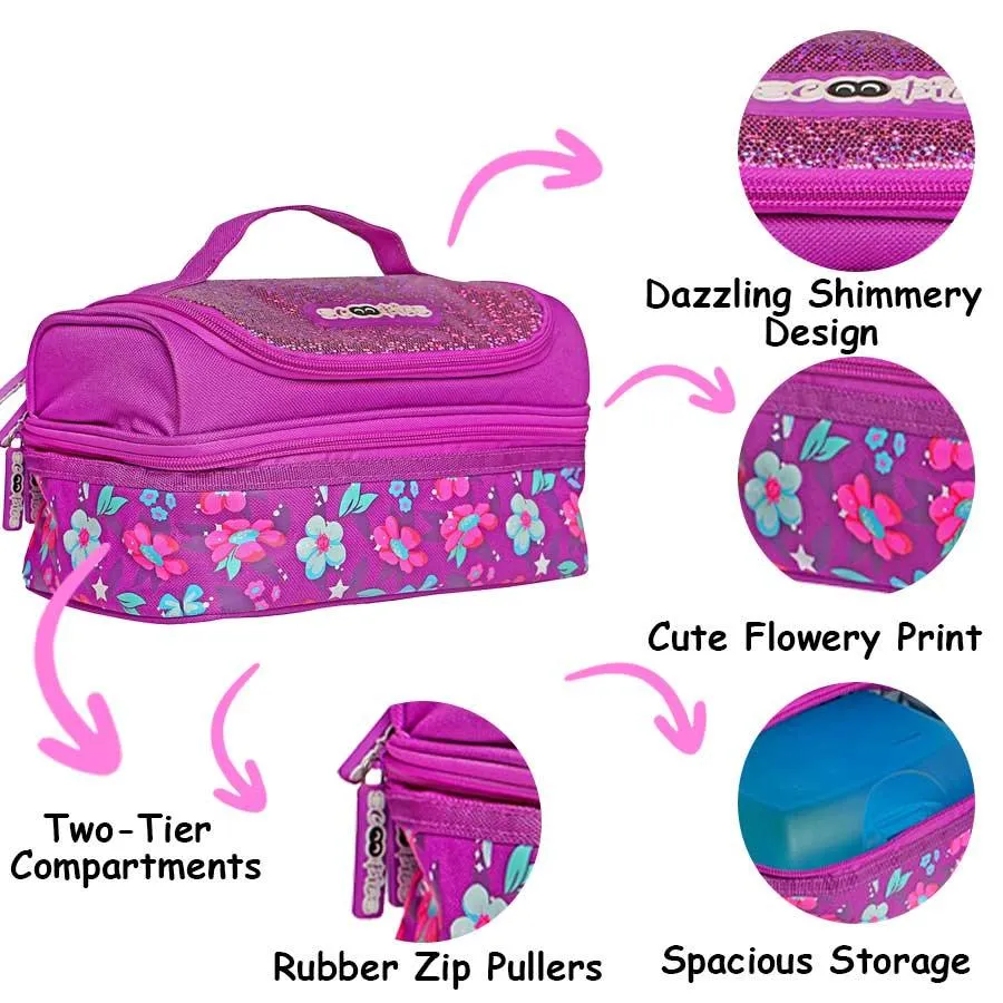 Flowery Babe Lunchbag | Double Decker  | Insulated & Leakproof | Dazzling Colours |  Sparkly Sequined  | Applique badge work | Travel-Friendly