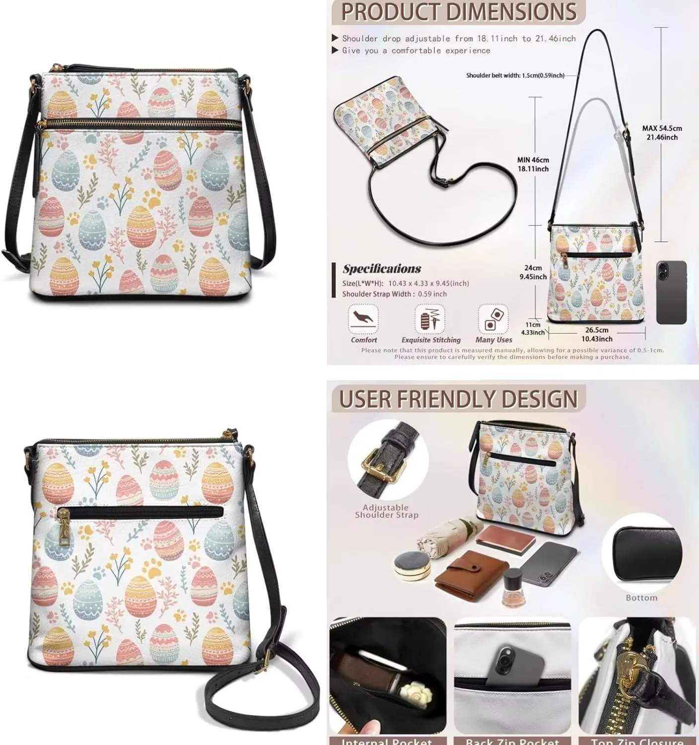 FOR U DESIGNS Purses for Women PU Leather Multi Pockets Easter Bunny Cross Body Purse and Matching Wallet Set