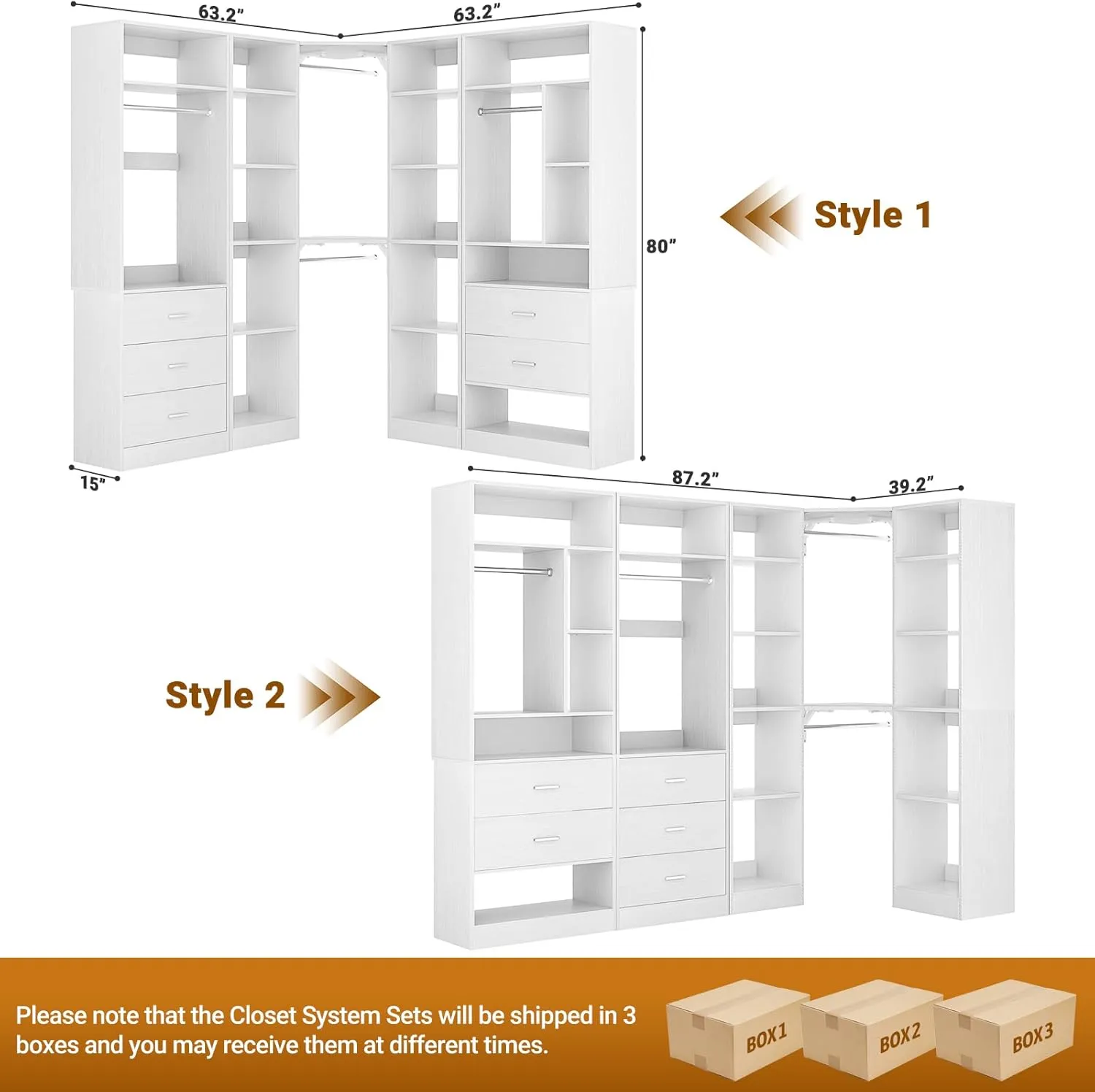 Freestanding Closet System with 3 Sets, 87.2" Closet Organizer System with 5 Drawers & 4 Hanging Rods, Reversible L Shaped Walk-in Closets, 63.2" L x 63.2" W x 80" H, Load 2000 LBS, White