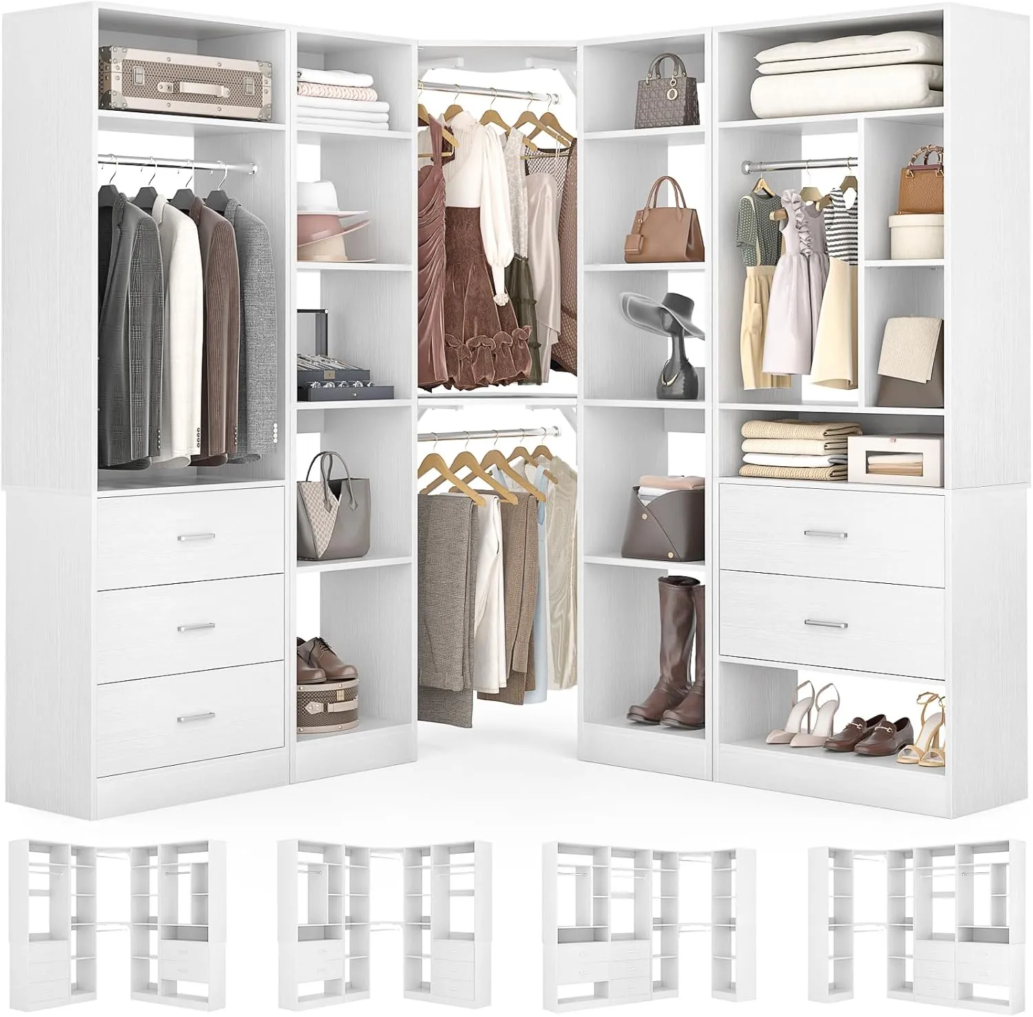 Freestanding Closet System with 3 Sets, 87.2" Closet Organizer System with 5 Drawers & 4 Hanging Rods, Reversible L Shaped Walk-in Closets, 63.2" L x 63.2" W x 80" H, Load 2000 LBS, White