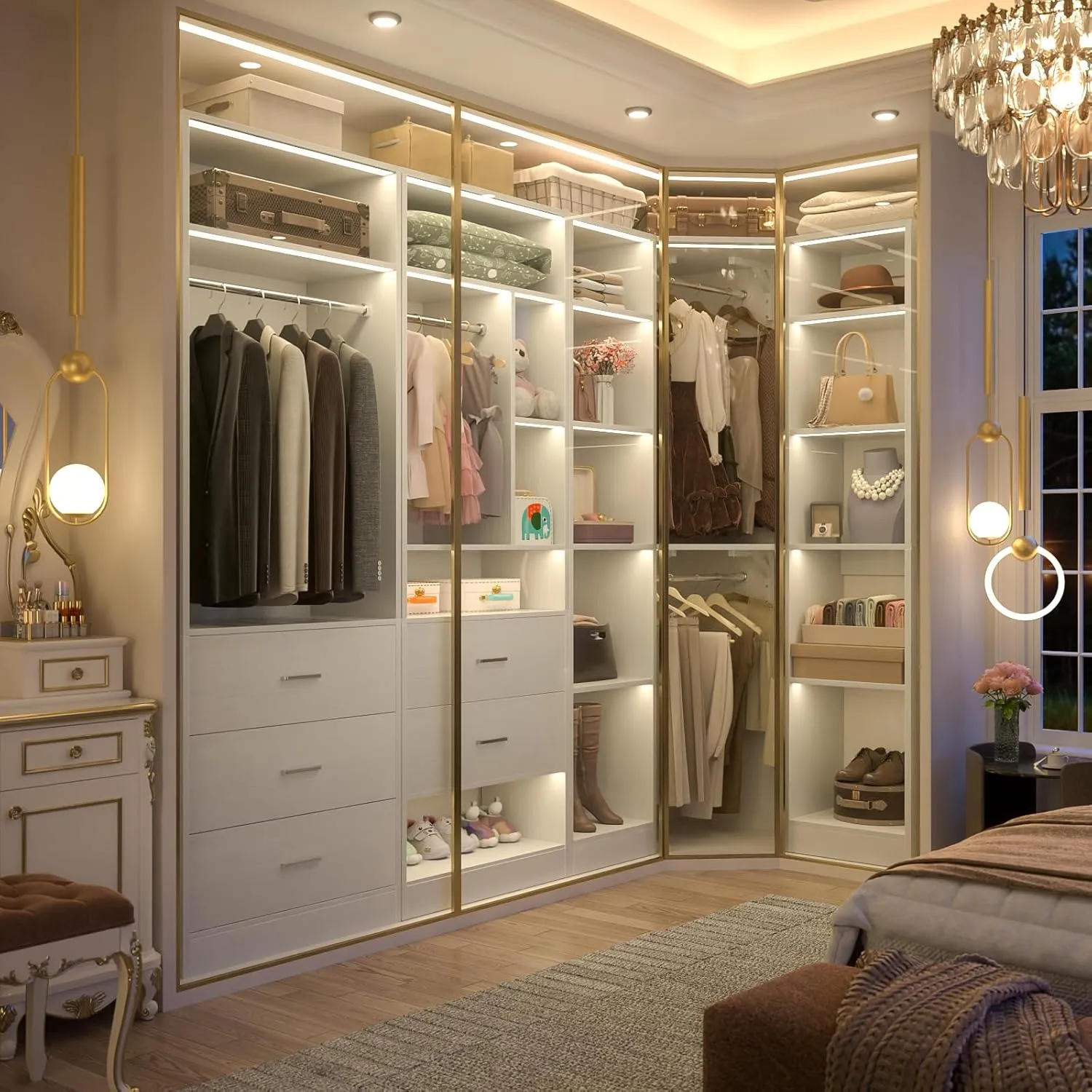 Freestanding Closet System with 3 Sets, 87.2" Closet Organizer System with 5 Drawers & 4 Hanging Rods, Reversible L Shaped Walk-in Closets, 63.2" L x 63.2" W x 80" H, Load 2000 LBS, White
