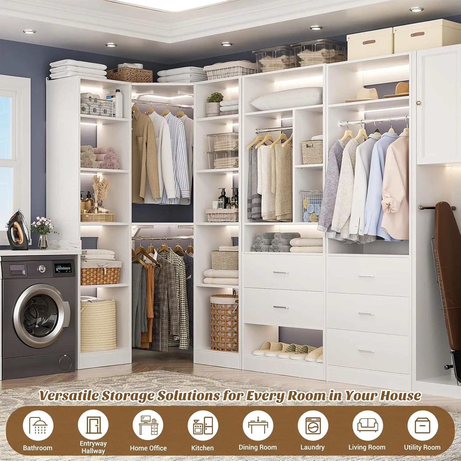 Freestanding Closet System with 3 Sets, 87.2" Closet Organizer System with 5 Drawers & 4 Hanging Rods, Reversible L Shaped Walk-in Closets, 63.2" L x 63.2" W x 80" H, Load 2000 LBS, White