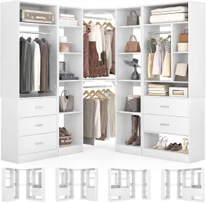 Freestanding Closet System with 3 Sets, 87.2" Closet Organizer System with 5 Drawers & 4 Hanging Rods, Reversible L Shaped Walk-in Closets, 63.2" L x 63.2" W x 80" H, Load 2000 LBS, White