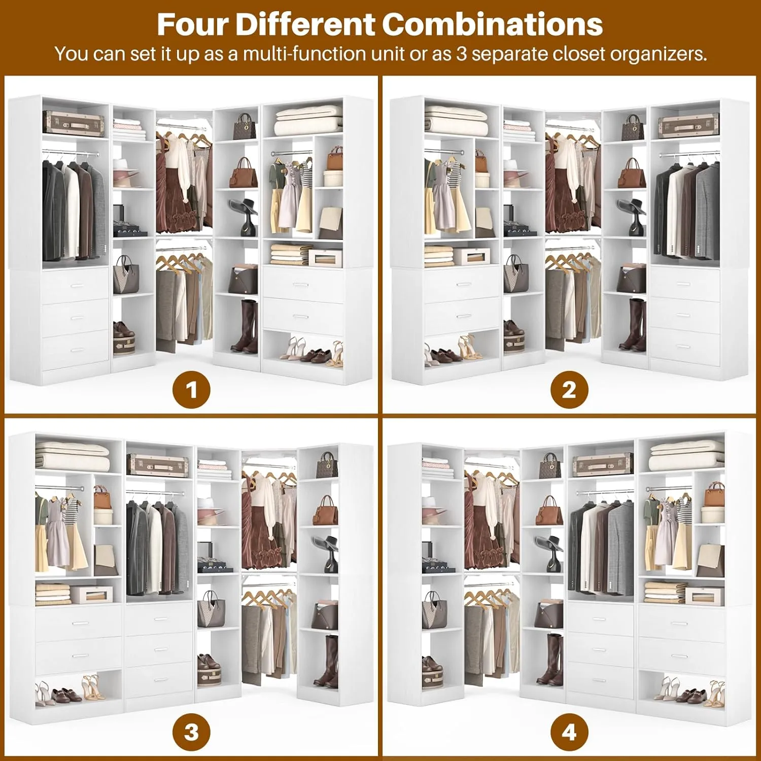 Freestanding Closet System with 3 Sets, 87.2" Closet Organizer System with 5 Drawers & 4 Hanging Rods, Reversible L Shaped Walk-in Closets, 63.2" L x 63.2" W x 80" H, Load 2000 LBS, White