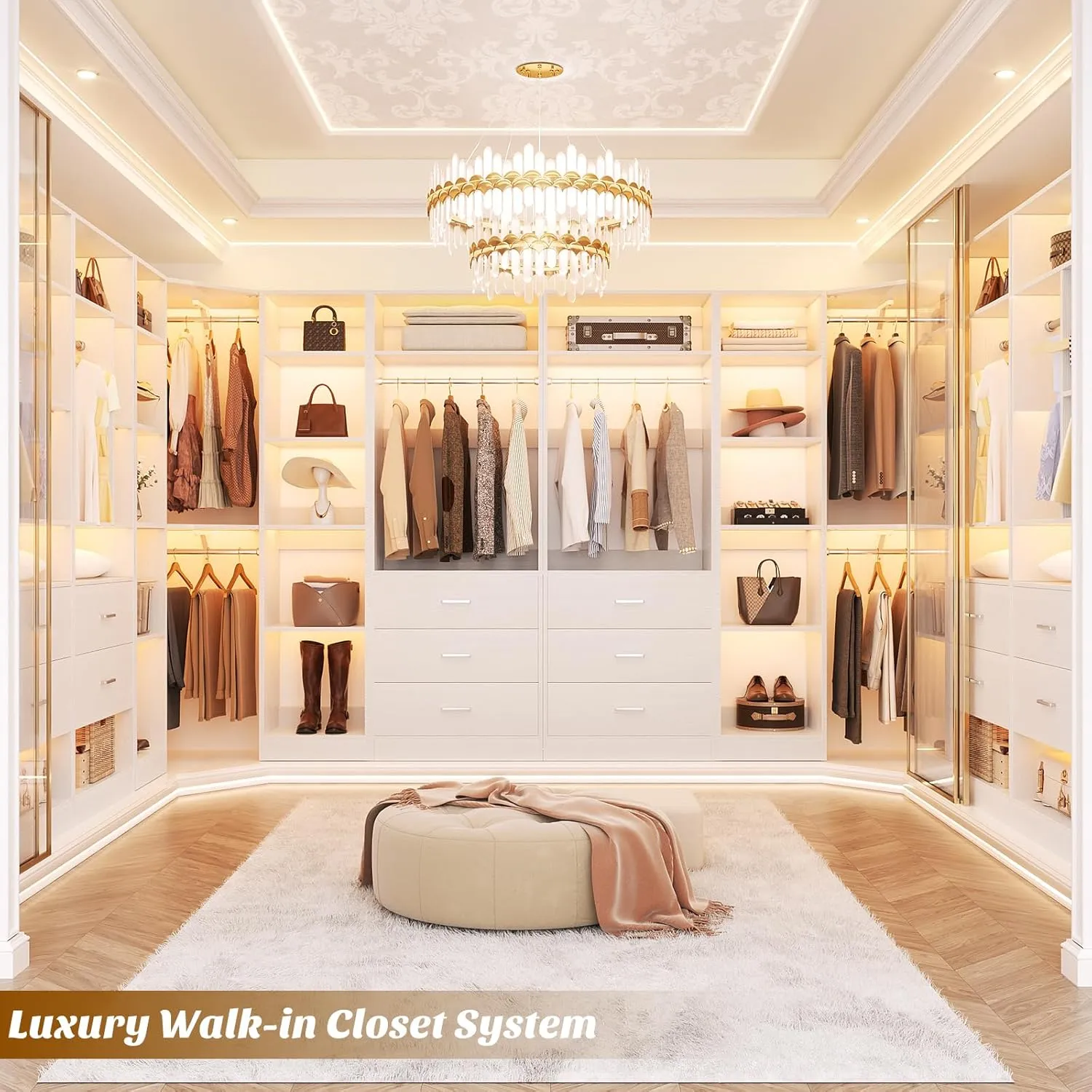 Freestanding Closet System with 3 Sets, 87.2" Closet Organizer System with 5 Drawers & 4 Hanging Rods, Reversible L Shaped Walk-in Closets, 63.2" L x 63.2" W x 80" H, Load 2000 LBS, White