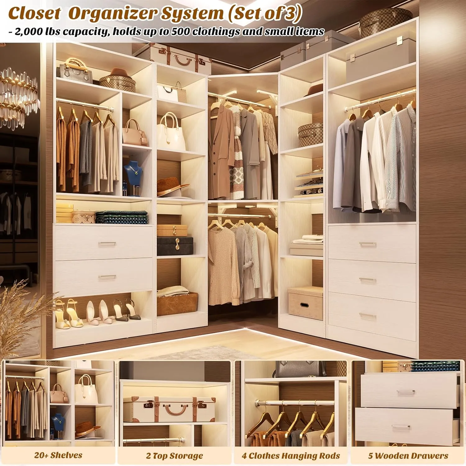 Freestanding Closet System with 3 Sets, 87.2" Closet Organizer System with 5 Drawers & 4 Hanging Rods, Reversible L Shaped Walk-in Closets, 63.2" L x 63.2" W x 80" H, Load 2000 LBS, White