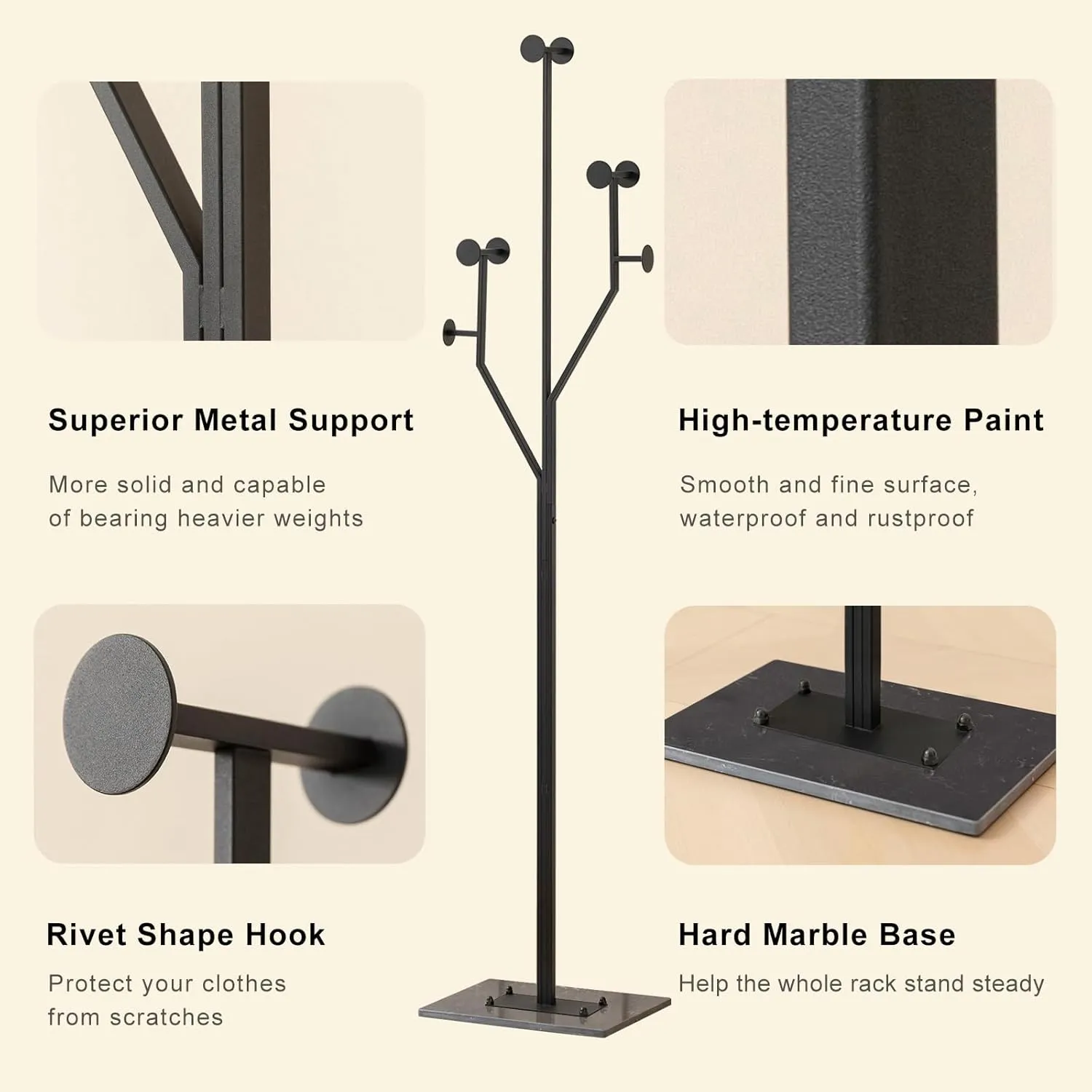 Freestanding Coat Rack Tree-shaped Metal Coat Tree with Heavy Duty Marble Base Corner Clothing Rack for Bedroom Entryway Hallway 14.96 x 10.24 x 68.9 Inches (Black)