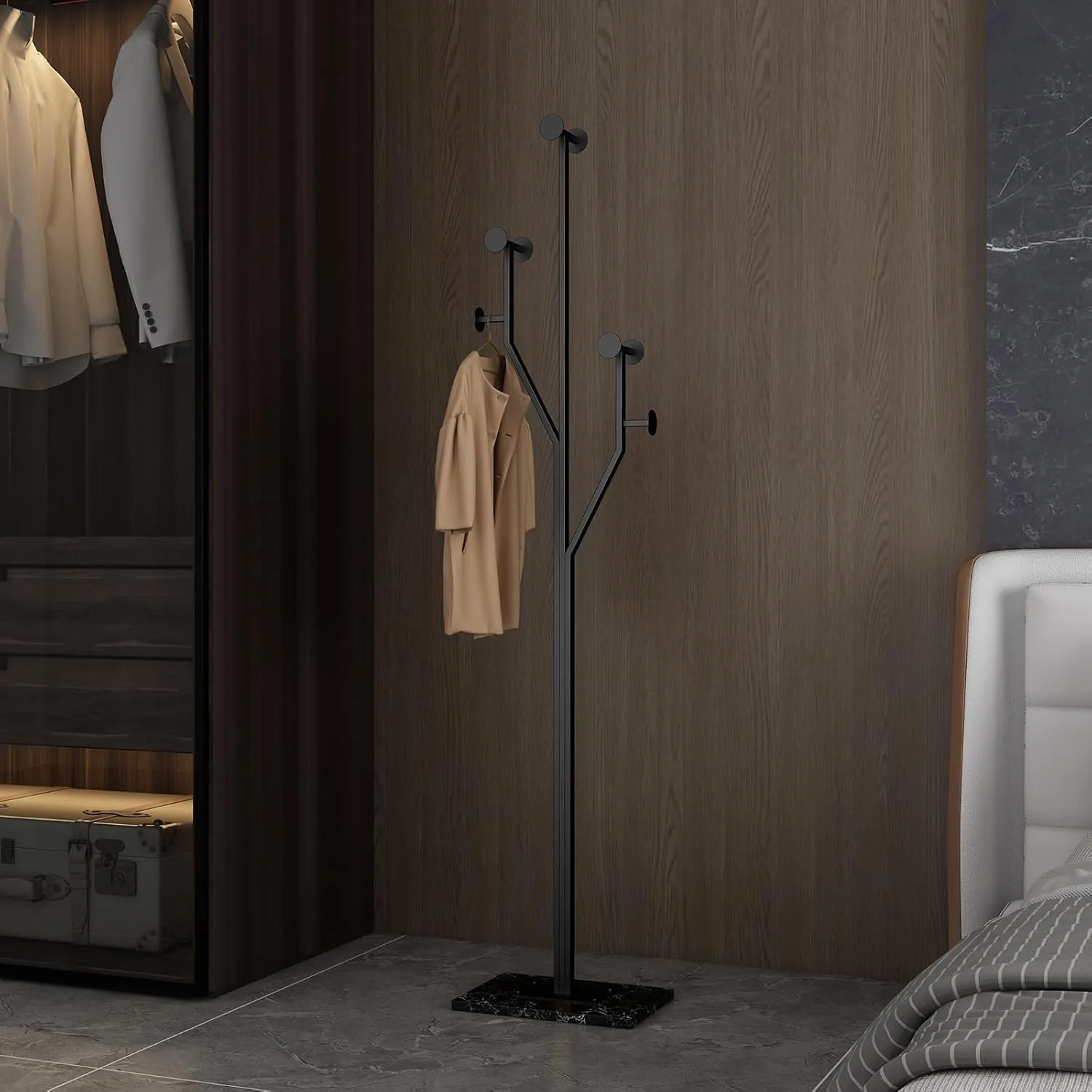 Freestanding Coat Rack Tree-shaped Metal Coat Tree with Heavy Duty Marble Base Corner Clothing Rack for Bedroom Entryway Hallway 14.96 x 10.24 x 68.9 Inches (Black)