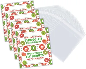 Fresh Baked Elf Donuts Tags & Bags | 100 pk 50 Bags & 50 Bag Topper Tags | Christmas Holiday Party Favor Treat Bags Stickers Shelf Game Kids Elf Accessories Donut Arrival Cereal Donut Shop Kreme