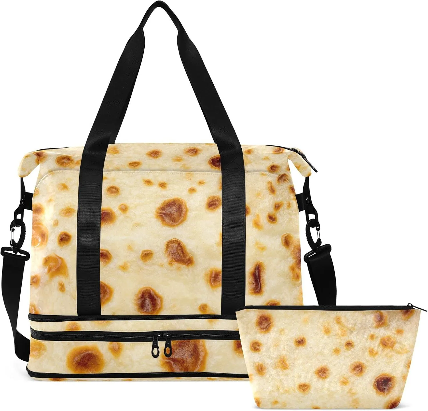 Fried Pancake Face Texture Cream Color with Stains Dots Gym Duffel Bag, Polyester Travel Weekender Luggage Handbag with Waterproof Pocket for Wet Items, Unisex Foldable Tote for Sports