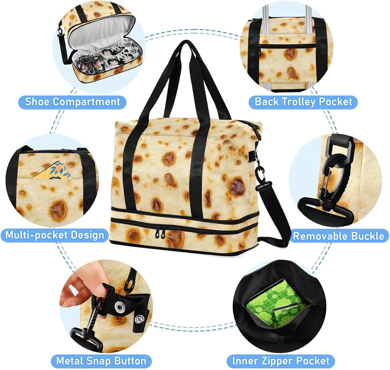 Fried Pancake Face Texture Cream Color with Stains Dots Gym Duffel Bag, Polyester Travel Weekender Luggage Handbag with Waterproof Pocket for Wet Items, Unisex Foldable Tote for Sports