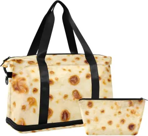 Fried Pancake Face Texture Cream Color with Stains Dots Gym Duffel Bag, Polyester Travel Weekender Luggage Handbag with Waterproof Pocket for Wet Items, Unisex Foldable Tote for Sports
