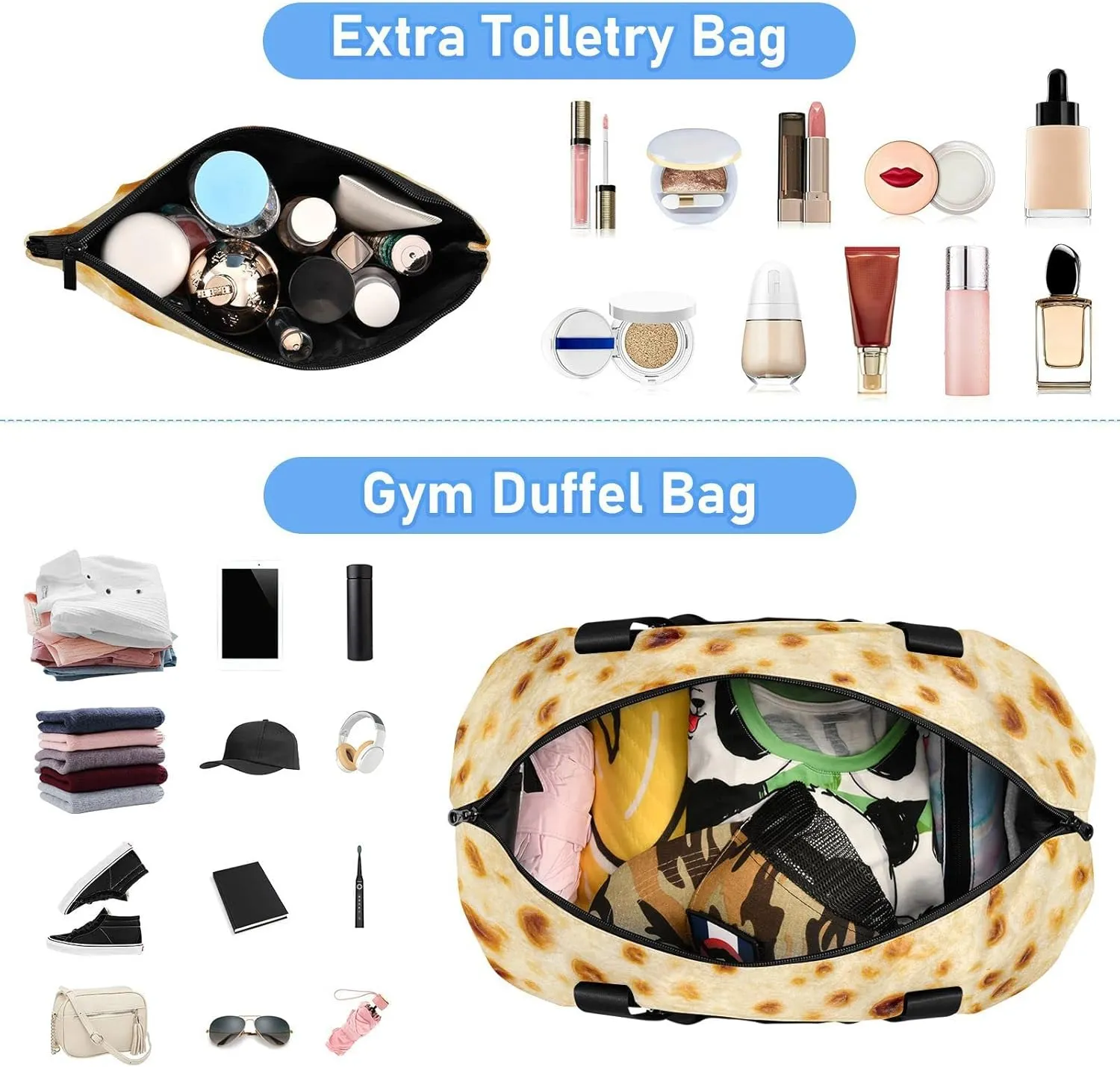 Fried Pancake Face Texture Cream Color with Stains Dots Gym Duffel Bag, Polyester Travel Weekender Luggage Handbag with Waterproof Pocket for Wet Items, Unisex Foldable Tote for Sports