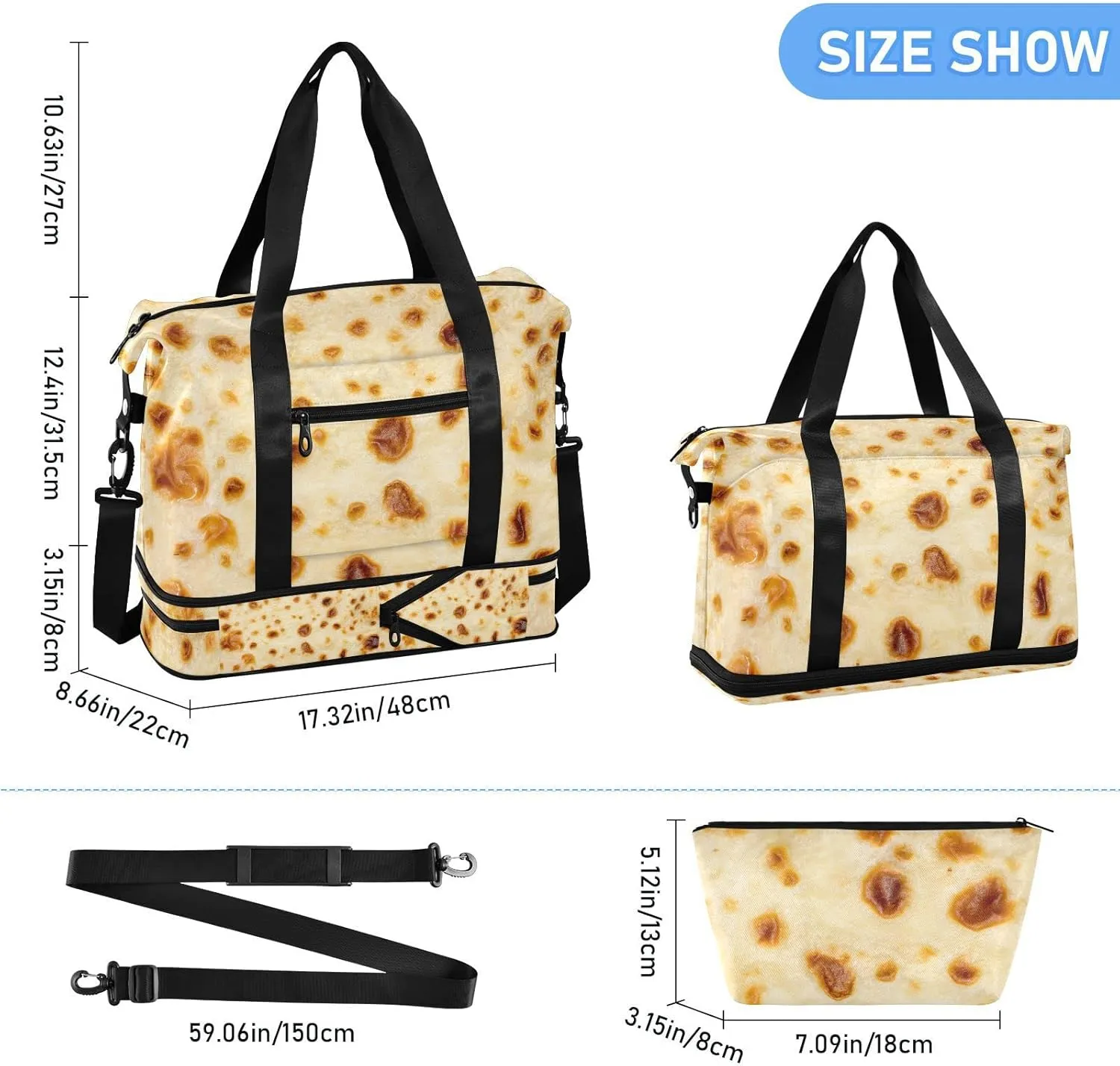 Fried Pancake Face Texture Cream Color with Stains Dots Gym Duffel Bag, Polyester Travel Weekender Luggage Handbag with Waterproof Pocket for Wet Items, Unisex Foldable Tote for Sports
