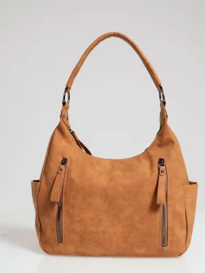 Front Zip Hobo Shopper Bag - Tan