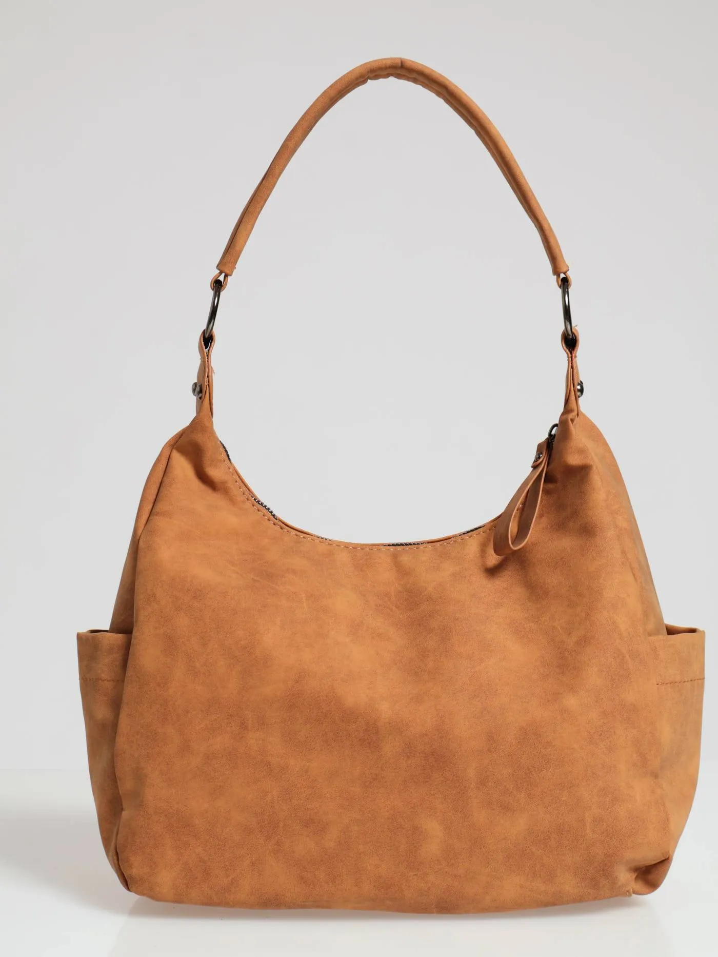 Front Zip Hobo Shopper Bag - Tan