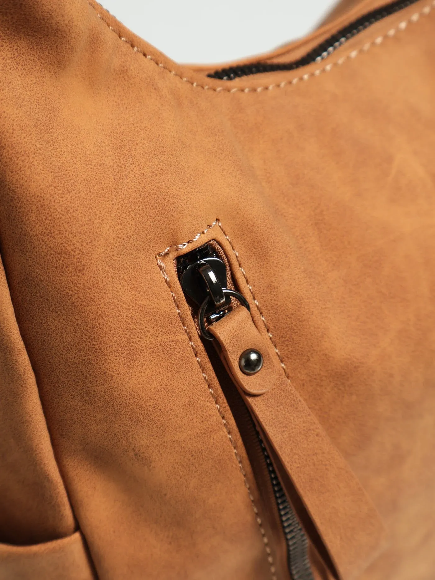 Front Zip Hobo Shopper Bag - Tan