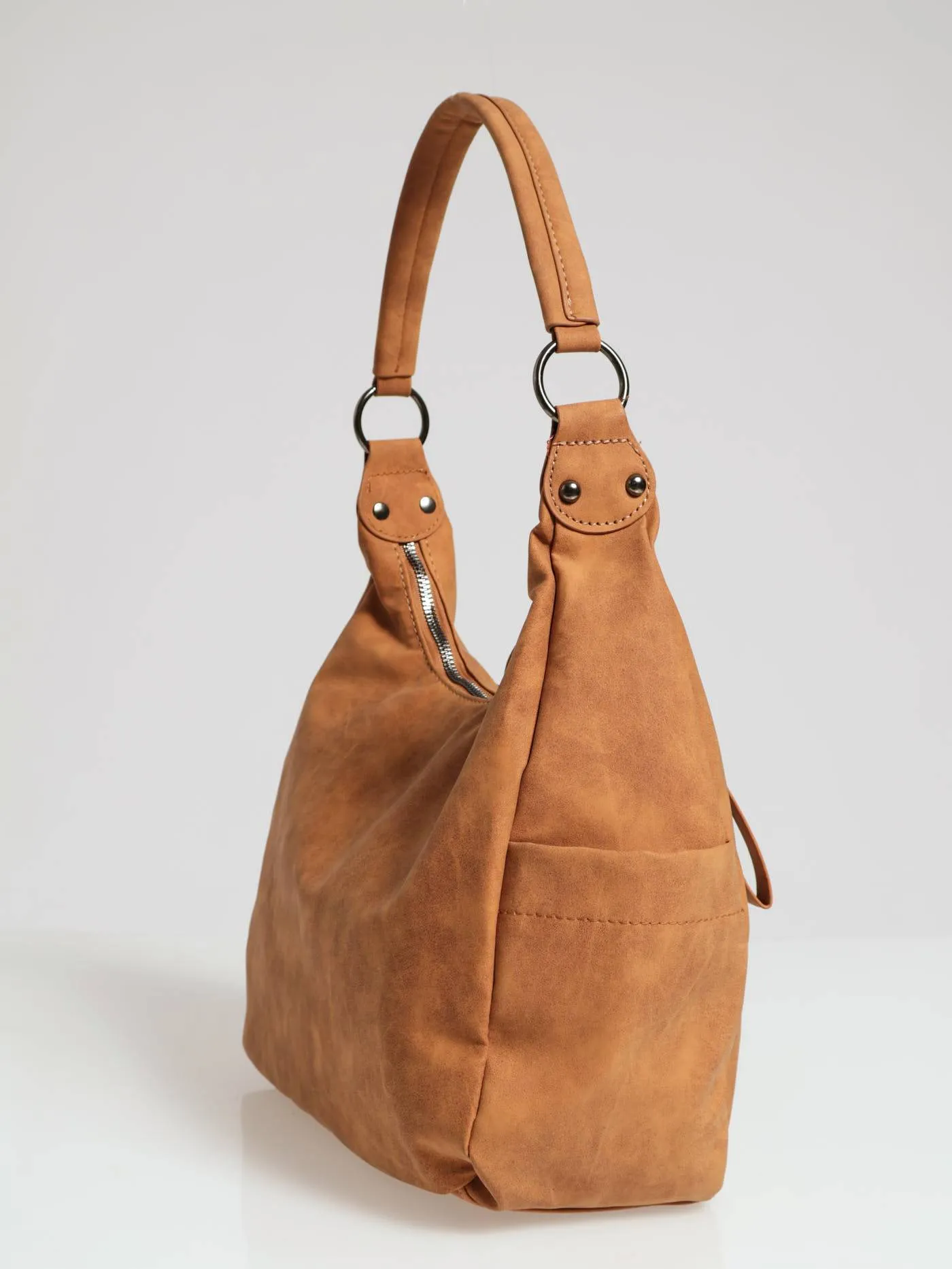 Front Zip Hobo Shopper Bag - Tan