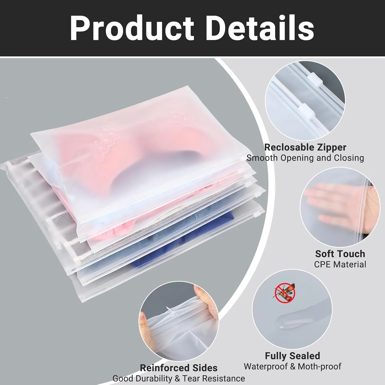 Frosted Zipper Clothing Bags, 50 Pcs 14x10 inch Poly Bags for Shipping, Packaging, Travel Ziplock Bags, Waterproof Swimsuit Bags Plastic Bags for Clothes, T Shirt, Jewelry, 3 Mil