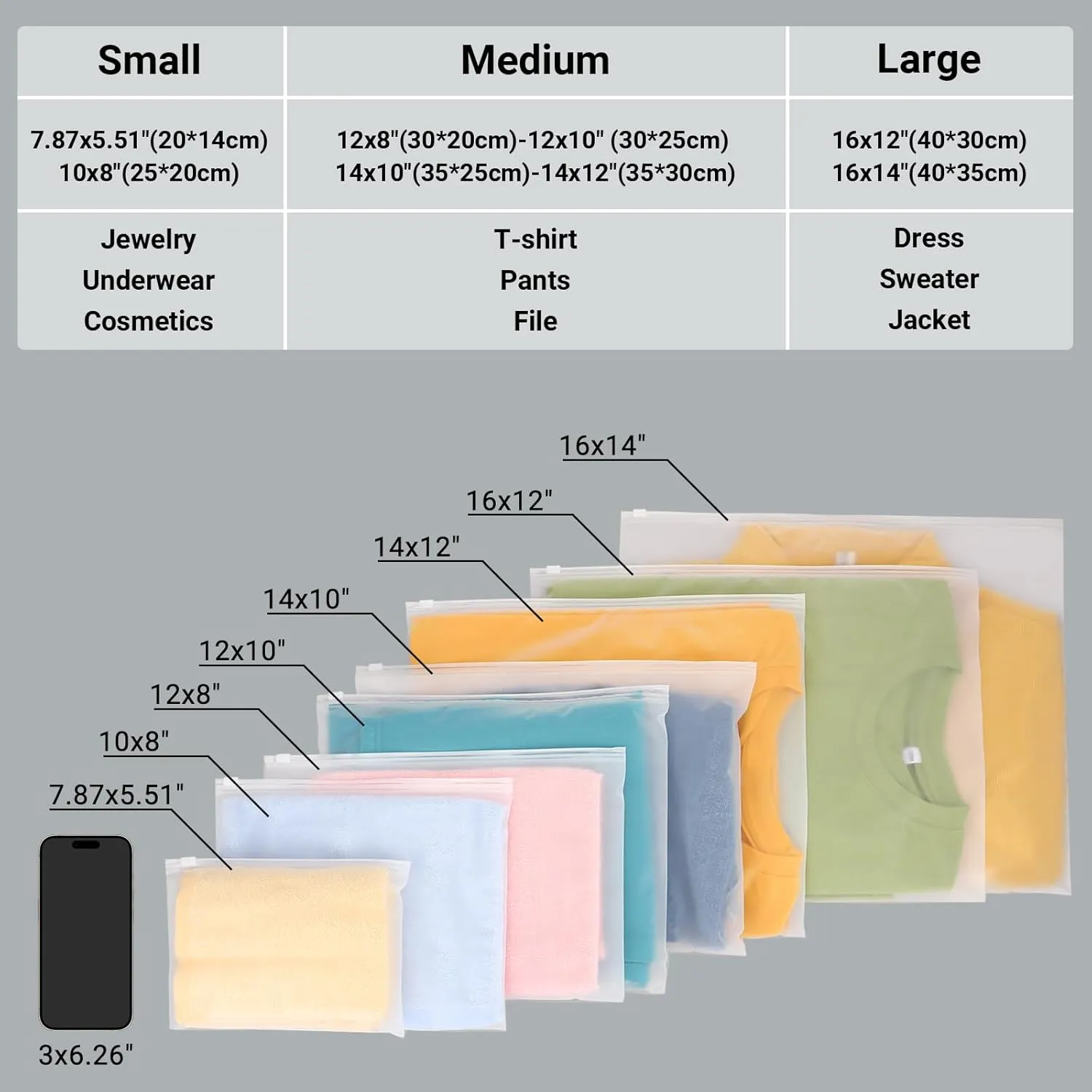 Frosted Zipper Clothing Bags, 50 Pcs 14x10 inch Poly Bags for Shipping, Packaging, Travel Ziplock Bags, Waterproof Swimsuit Bags Plastic Bags for Clothes, T Shirt, Jewelry, 3 Mil