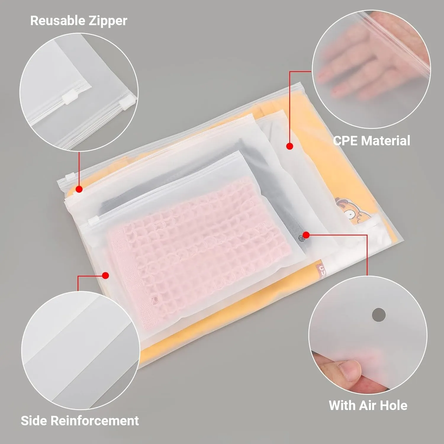 Frosted Zipper Poly Bags, 100Pcs 7.87x5.51 inch Reclosable Plastic Bags Ziplock, with Slider Closure for Packaging Mailing Selling Shipping Socks Underpants Ties, 3 Mil with Air Holes