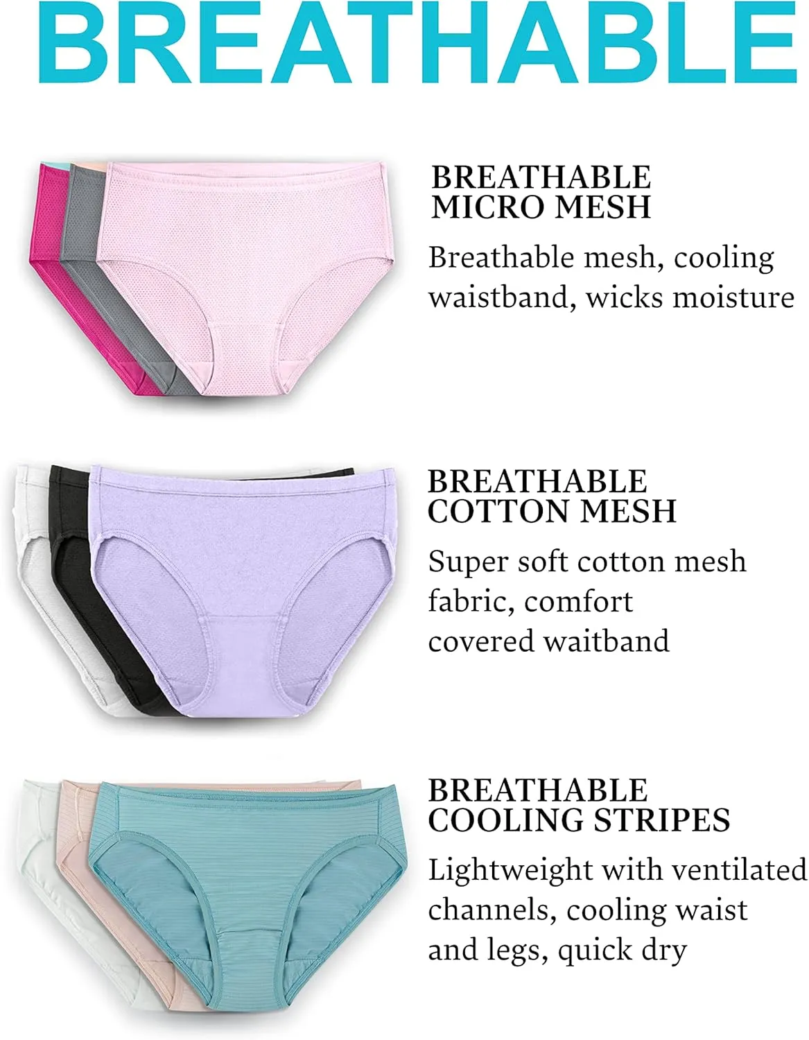 Fruit of the Loom Women's Breathable Underwear, Moisture Wicking Keeps You Cool & Comfortable, Available in Plus Size