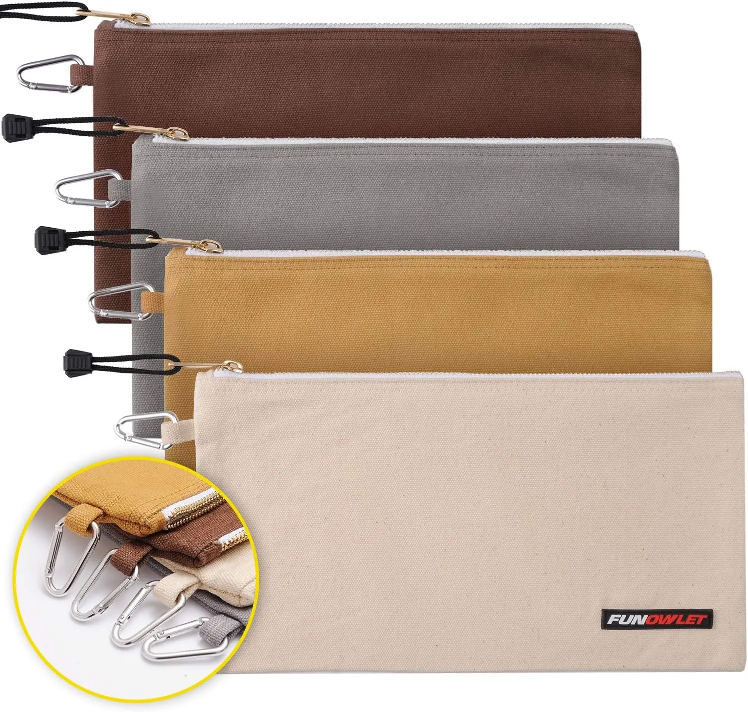 FunOwlet Utility Bag, Canvas Zipper Tool Bags - Heavy Duty Tools Pouch with Carabiner, Multi-Purpose Storage Organizer Clip on Tote Pouches in White, Gray, Tan, Brown, 4 Pack