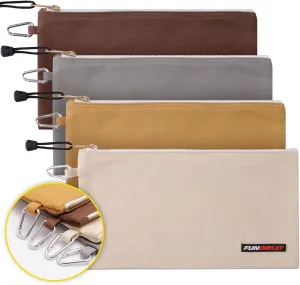 FunOwlet Utility Bag, Canvas Zipper Tool Bags - Heavy Duty Tools Pouch with Carabiner, Multi-Purpose Storage Organizer Clip on Tote Pouches in White, Gray, Tan, Brown, 4 Pack