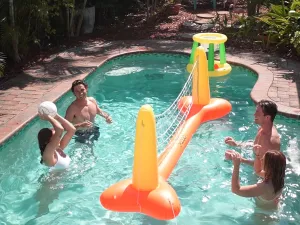 G-Loco Pool Volleyball Set and Pool Basketball Hoops; Pool Float Games; Includes 2 Balls; 1 Pump; Floating Pool Basketball Hoop; Pool Volleyball Net; Volleyball for Pool; Basketball for Pool; UPGRADED