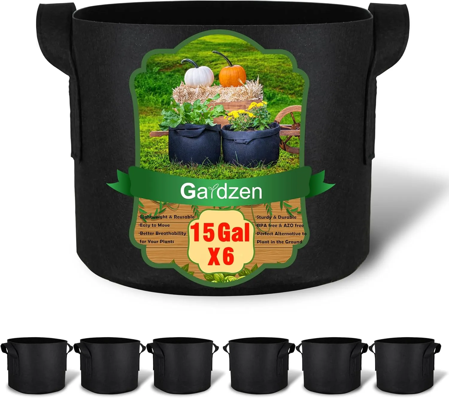 Gardzen 6-Pack 15 Gallon Grow Bags, Aeration Fabric Pots with Handles, Heavy Duty Cloth Pots for Plants