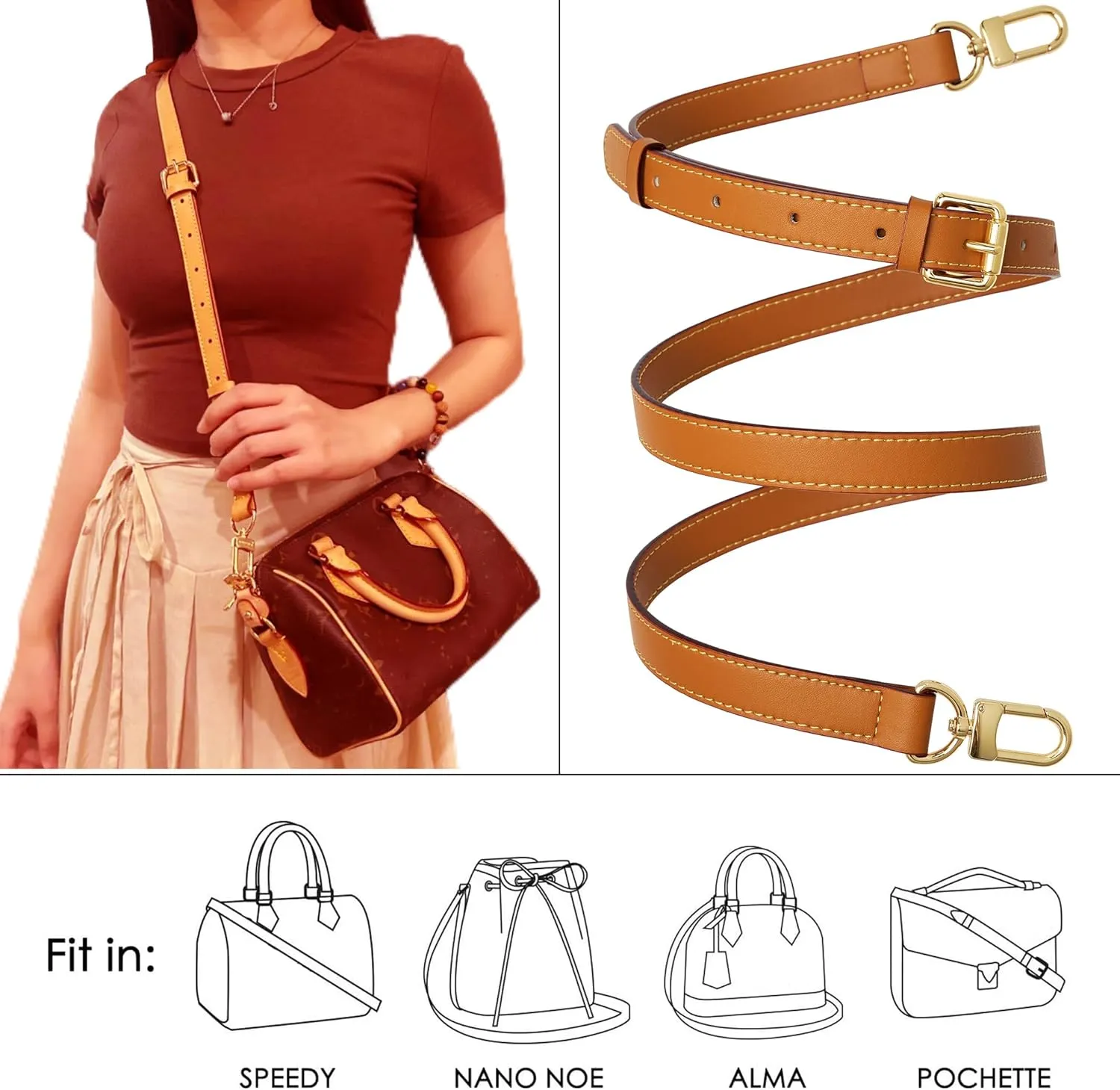 Genuine Vachetta Leather Crossbody Strap Genuine Leather Adjustable Replacement Strap for Shoulder Bag Handbag Purse