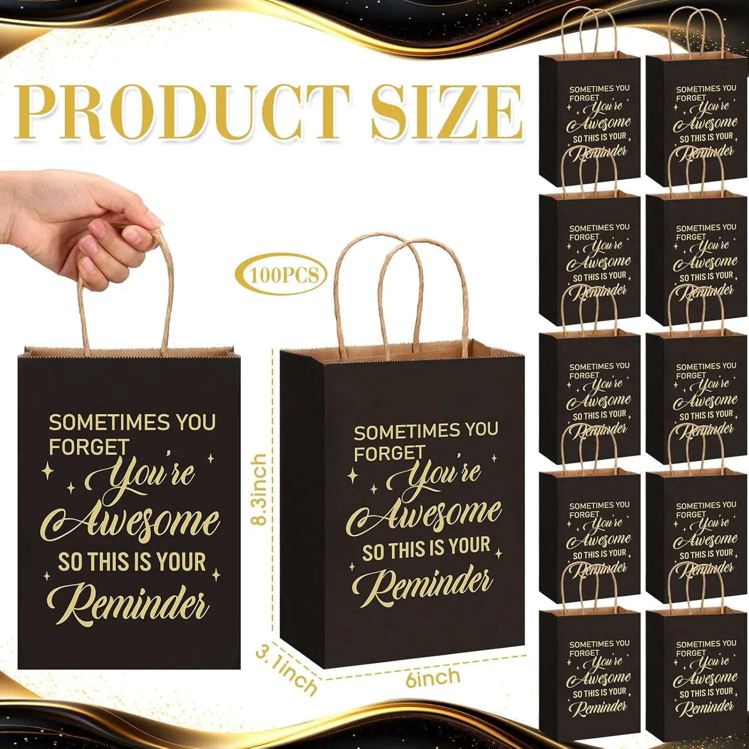 Geyoga 100 Pcs Employee Appreciation Gift Bags Bulk Thank You Gifts Kraft Party Favor Paper Bags with Handles for Volunteer Coworker Staff Team Teacher Student Nurse, 8.3 x 3.1 x 6 Inch(Black)
