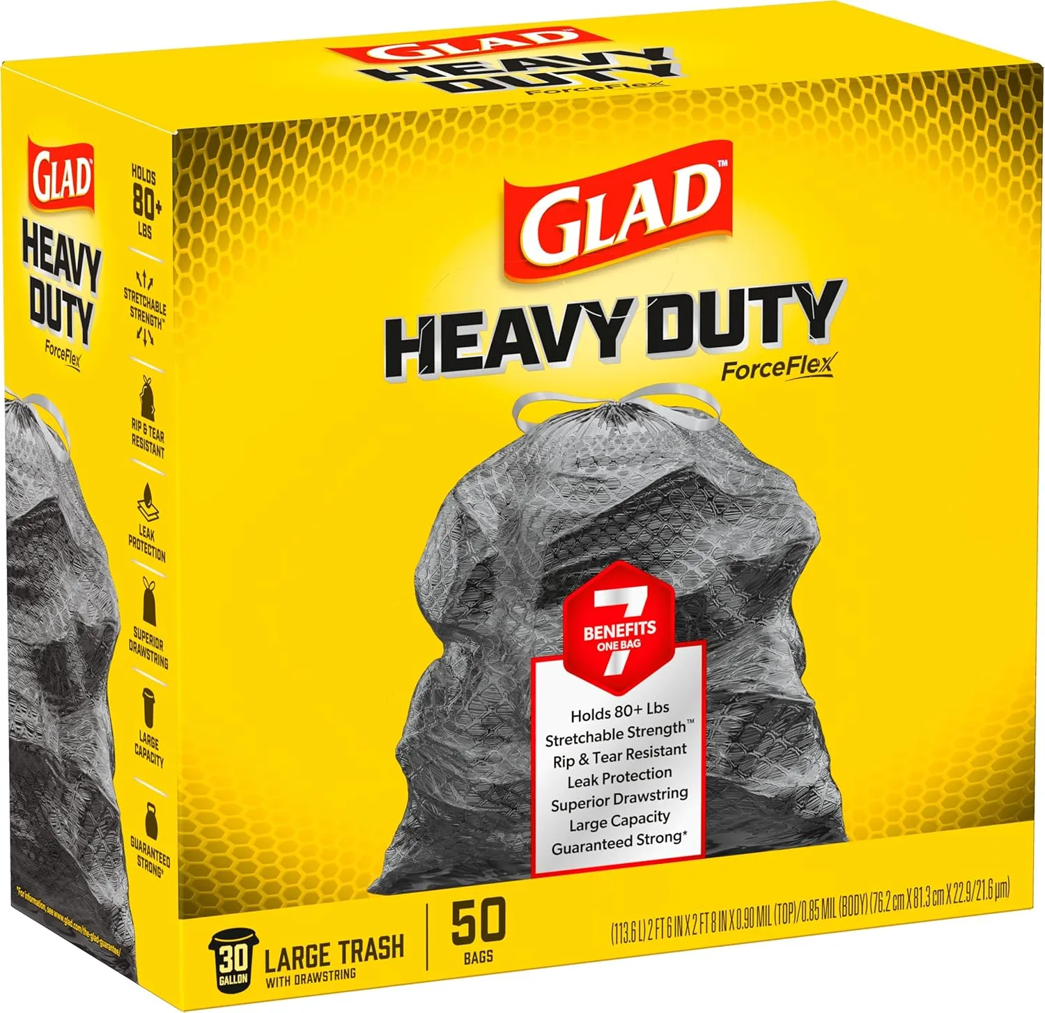 Glad ForceFlex Heavy Duty Large Drawstring Trash Bags, Hold 80  lb, 30 Gal, 50 Ct (Package May Vary)