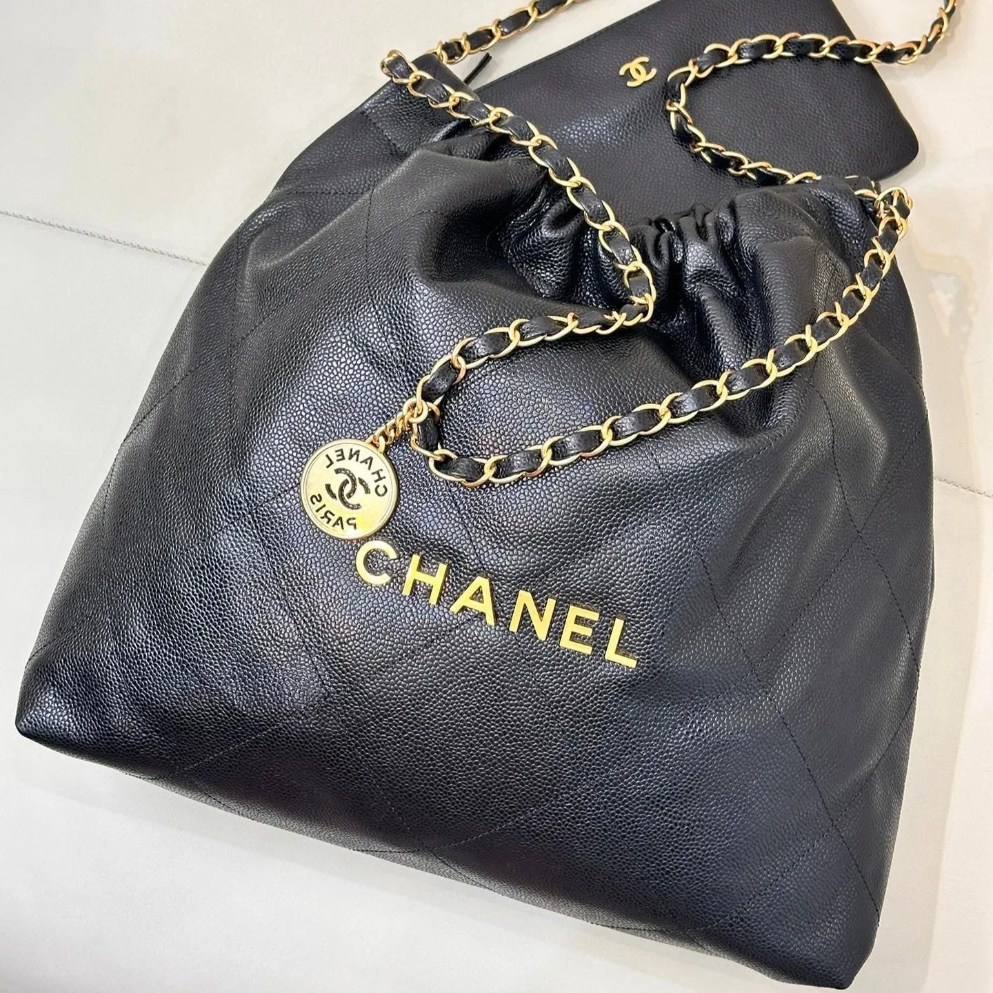 Gold Bag Calfskin Hardware In-demand product 22 Black Grained CHANEL Hobo Trendy 42cm