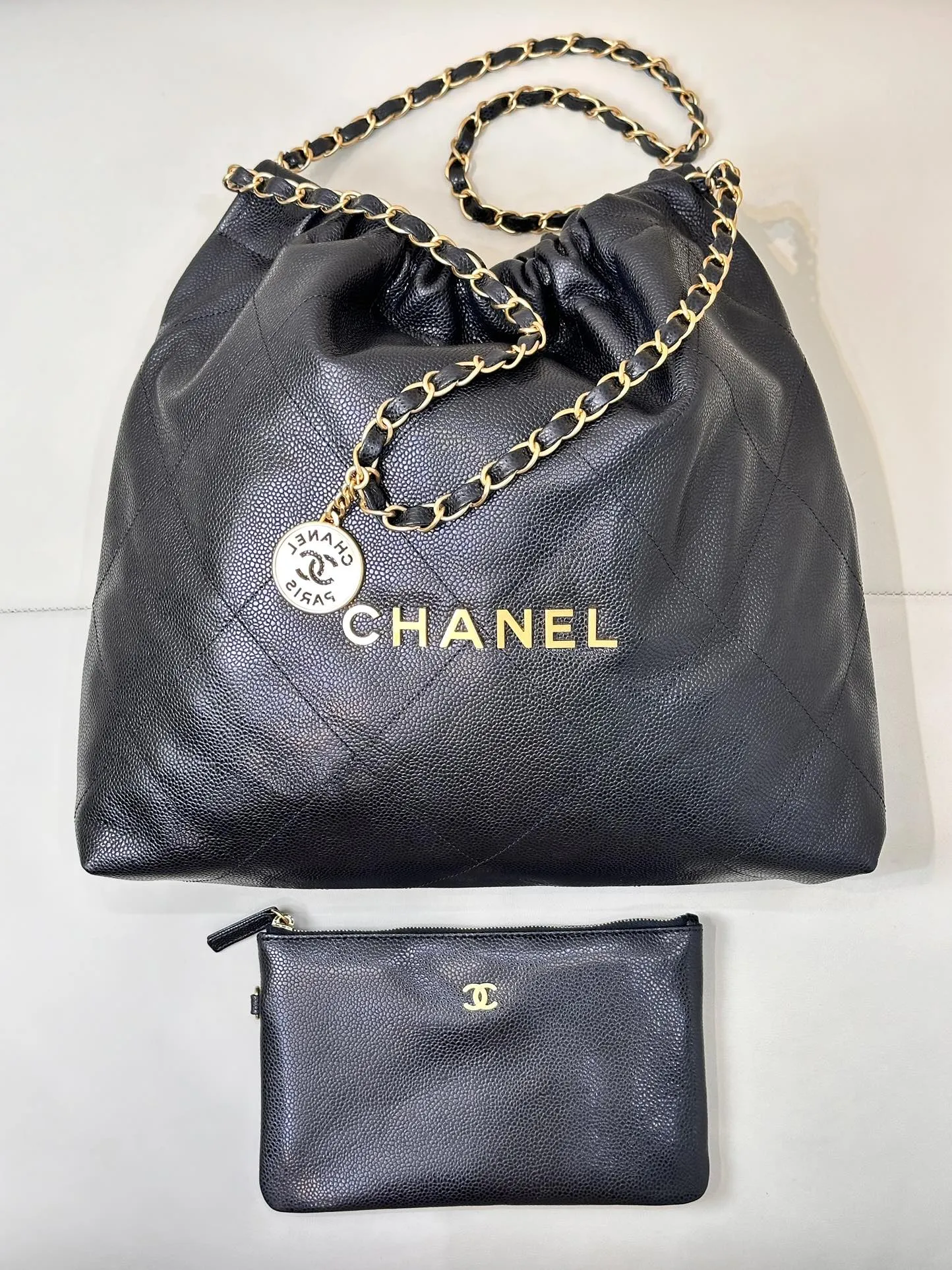 Gold Bag Calfskin Hardware In-demand product 22 Black Grained CHANEL Hobo Trendy 42cm