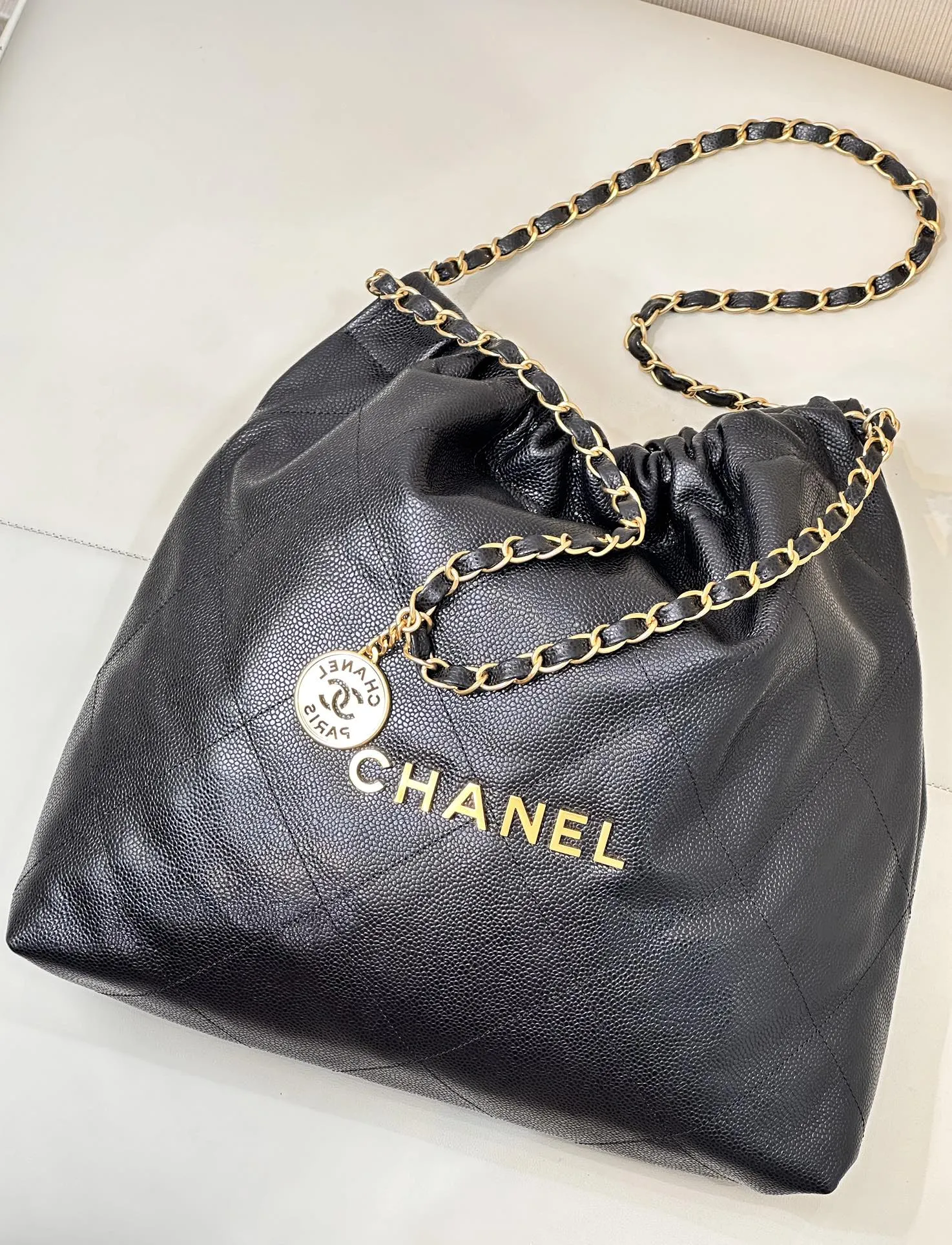 Gold Bag Calfskin Hardware In-demand product 22 Black Grained CHANEL Hobo Trendy 42cm