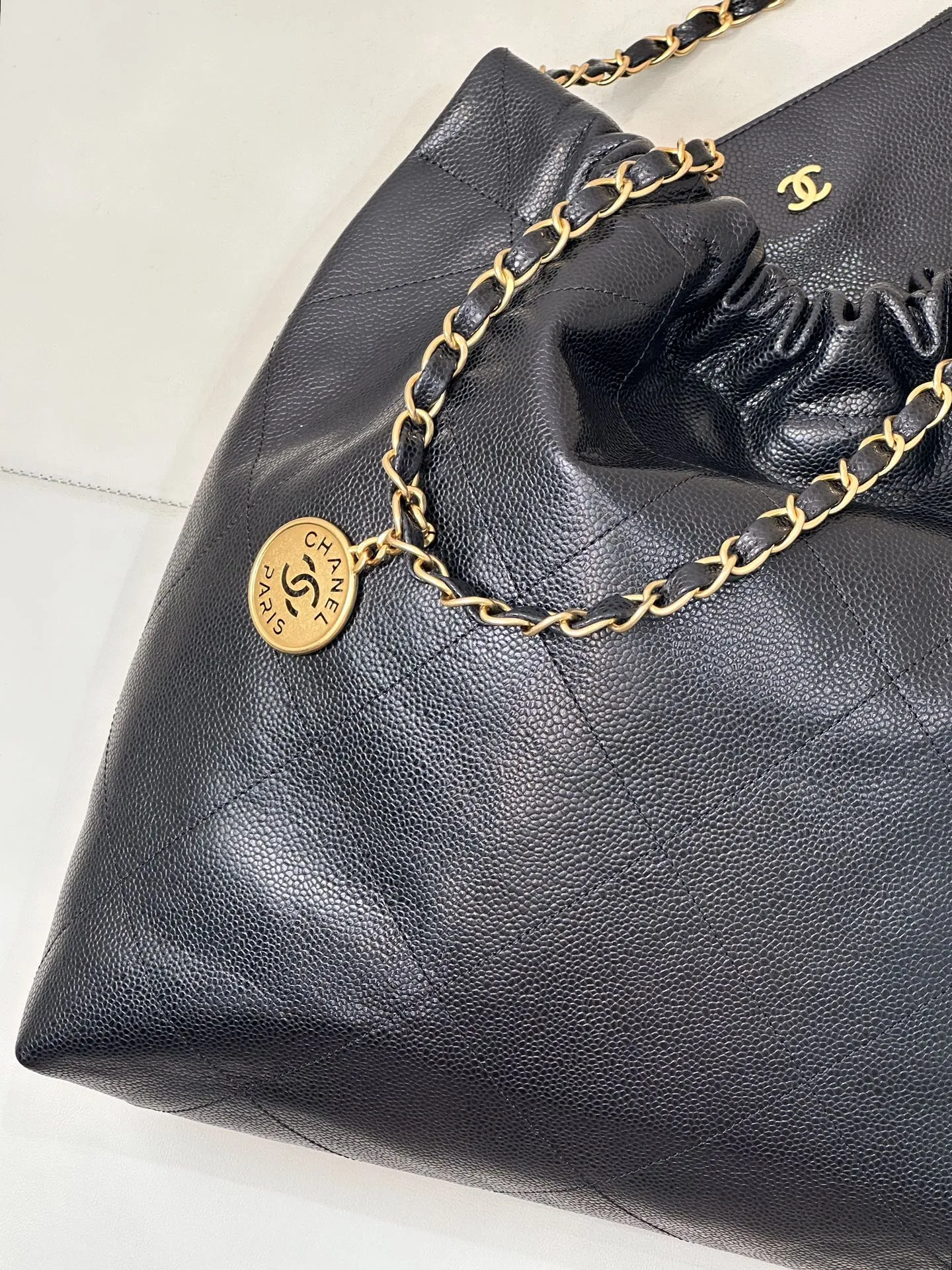 Gold Bag Calfskin Hardware In-demand product 22 Black Grained CHANEL Hobo Trendy 42cm