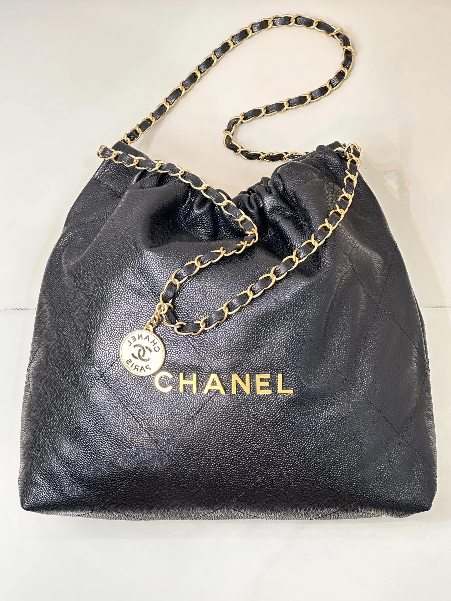 Gold Bag Calfskin Hardware In-demand product 22 Black Grained CHANEL Hobo Trendy 42cm