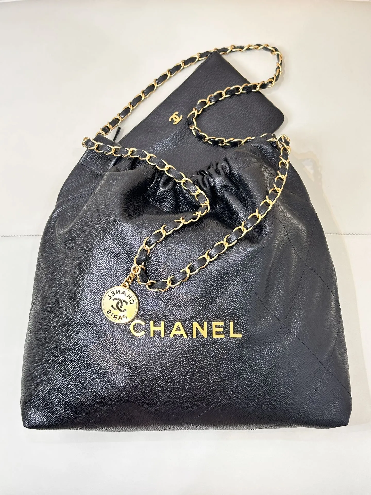 Gold Bag Calfskin Hardware In-demand product 22 Black Grained CHANEL Hobo Trendy 42cm
