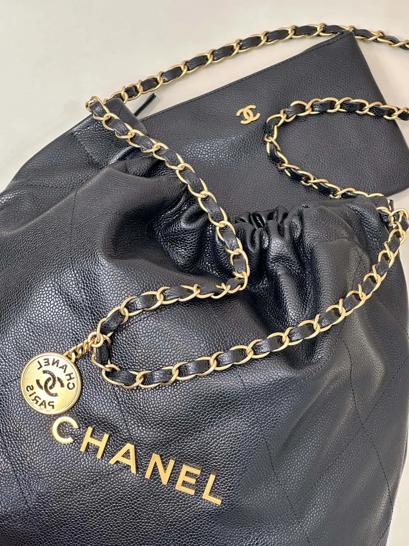 Gold Bag Calfskin Hardware In-demand product 22 Black Grained CHANEL Hobo Trendy 42cm