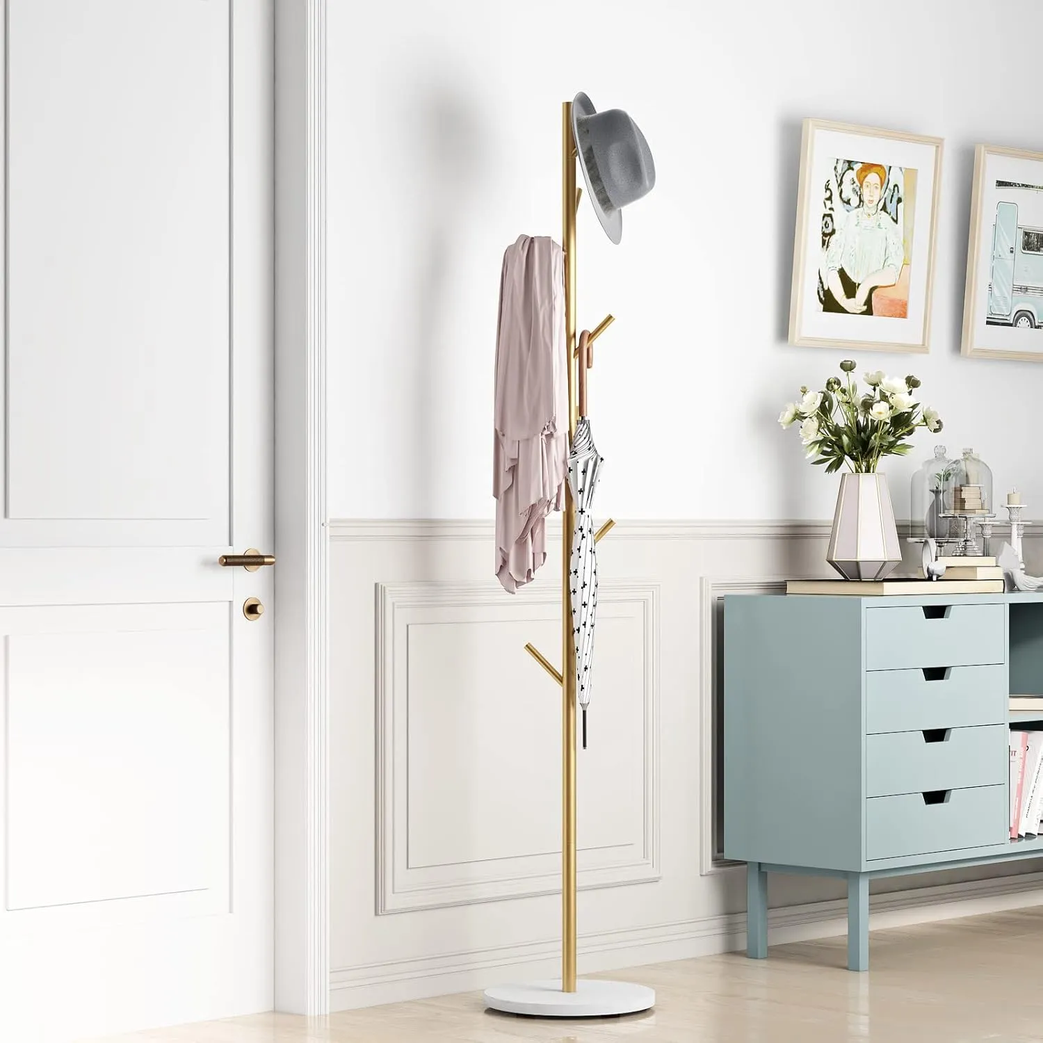 Gold Coat Racks, Metal Coat Rack Freestanding with Hooks, Entryway Coat Rack Stand, Coat Racks with Marble Base, Coat Tree for Hanging Clothes, Hats, Bags