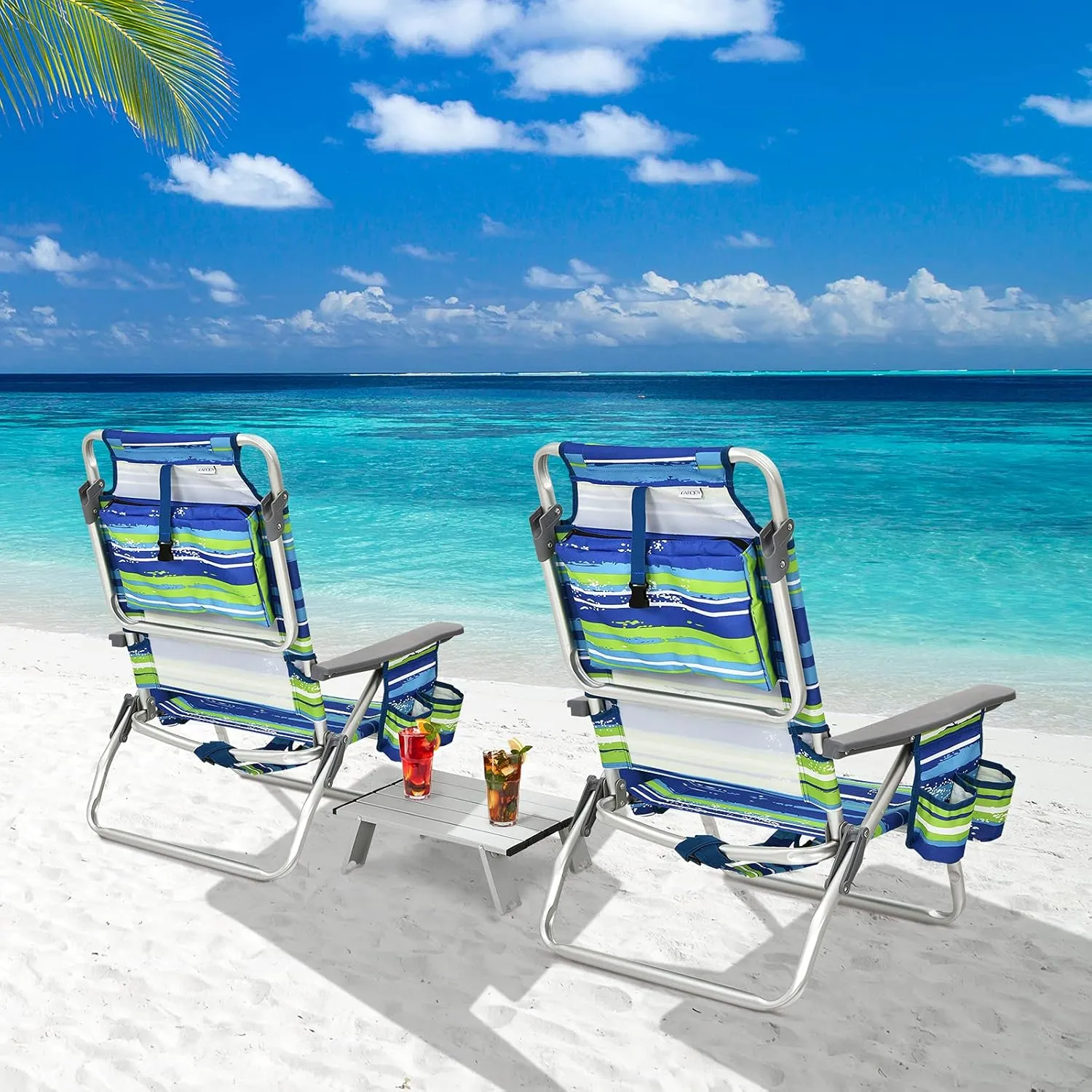 Goplus Beach Chair, Folding Backpack Beach Chairs for Adults with 5 Positions, Head Pillow, Cooler Bag, Towel Bar, Cup Holders, Sunbath Sling Tanning Lounge, Foldable Layout Camping Chairs