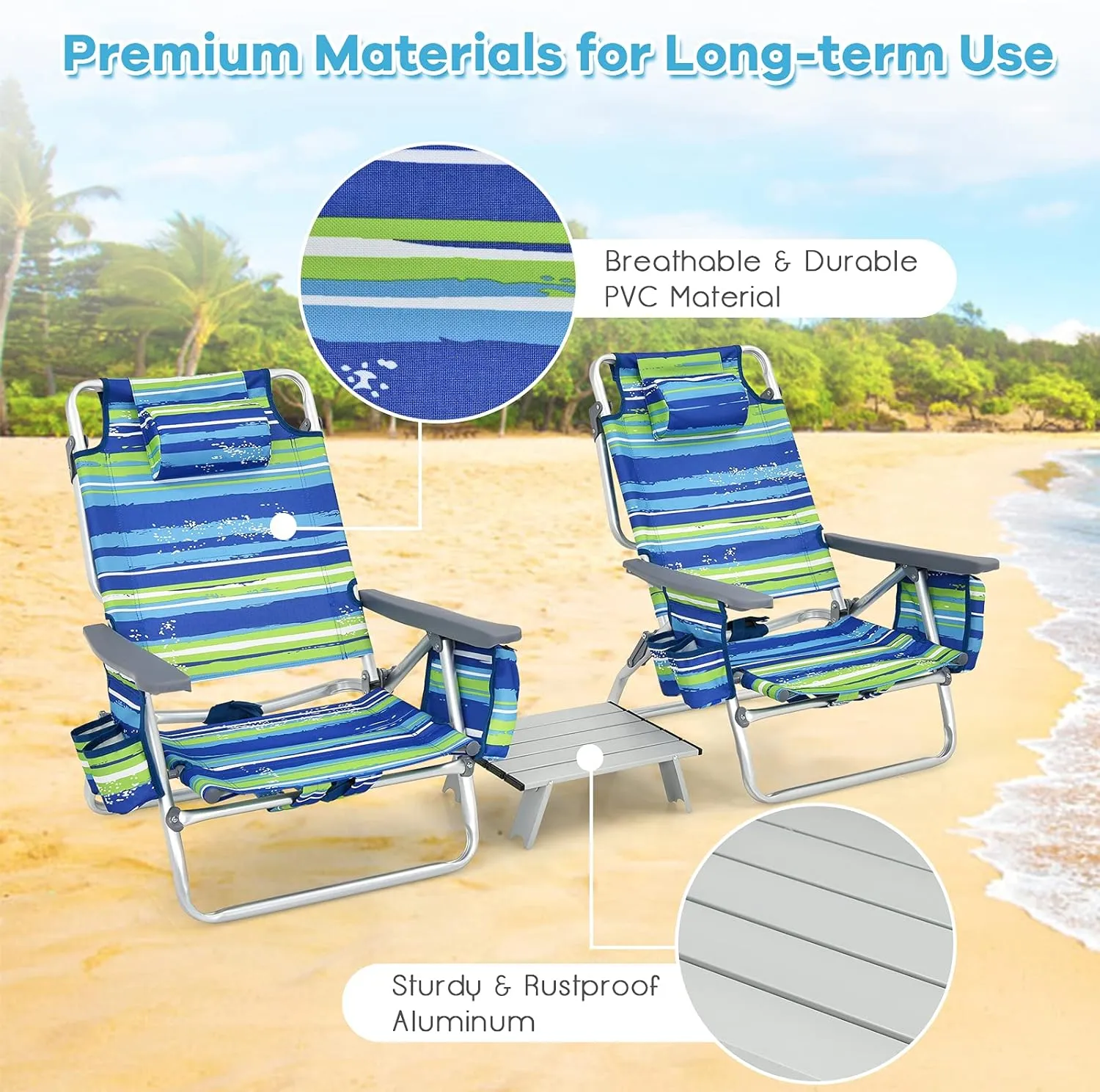 Goplus Beach Chair, Folding Backpack Beach Chairs for Adults with 5 Positions, Head Pillow, Cooler Bag, Towel Bar, Cup Holders, Sunbath Sling Tanning Lounge, Foldable Layout Camping Chairs
