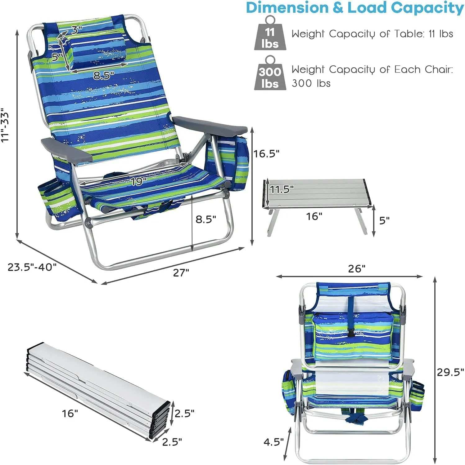 Goplus Beach Chair, Folding Backpack Beach Chairs for Adults with 5 Positions, Head Pillow, Cooler Bag, Towel Bar, Cup Holders, Sunbath Sling Tanning Lounge, Foldable Layout Camping Chairs