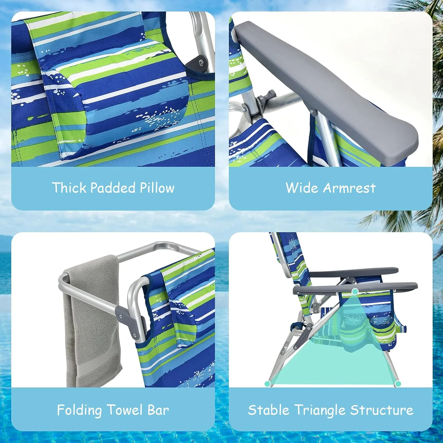 Goplus Beach Chair, Folding Backpack Beach Chairs for Adults with 5 Positions, Head Pillow, Cooler Bag, Towel Bar, Cup Holders, Sunbath Sling Tanning Lounge, Foldable Layout Camping Chairs