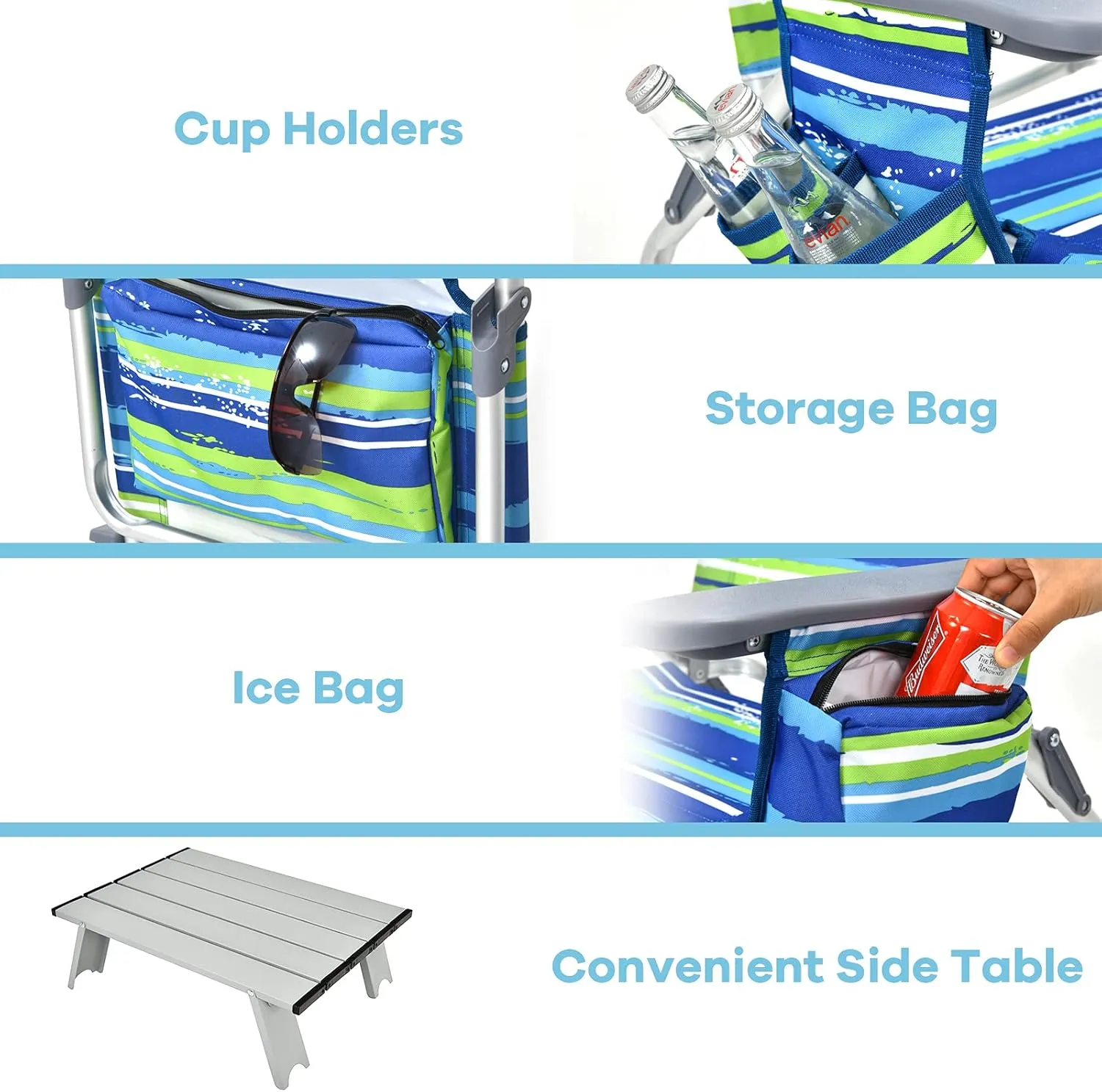 Goplus Beach Chair, Folding Backpack Beach Chairs for Adults with 5 Positions, Head Pillow, Cooler Bag, Towel Bar, Cup Holders, Sunbath Sling Tanning Lounge, Foldable Layout Camping Chairs